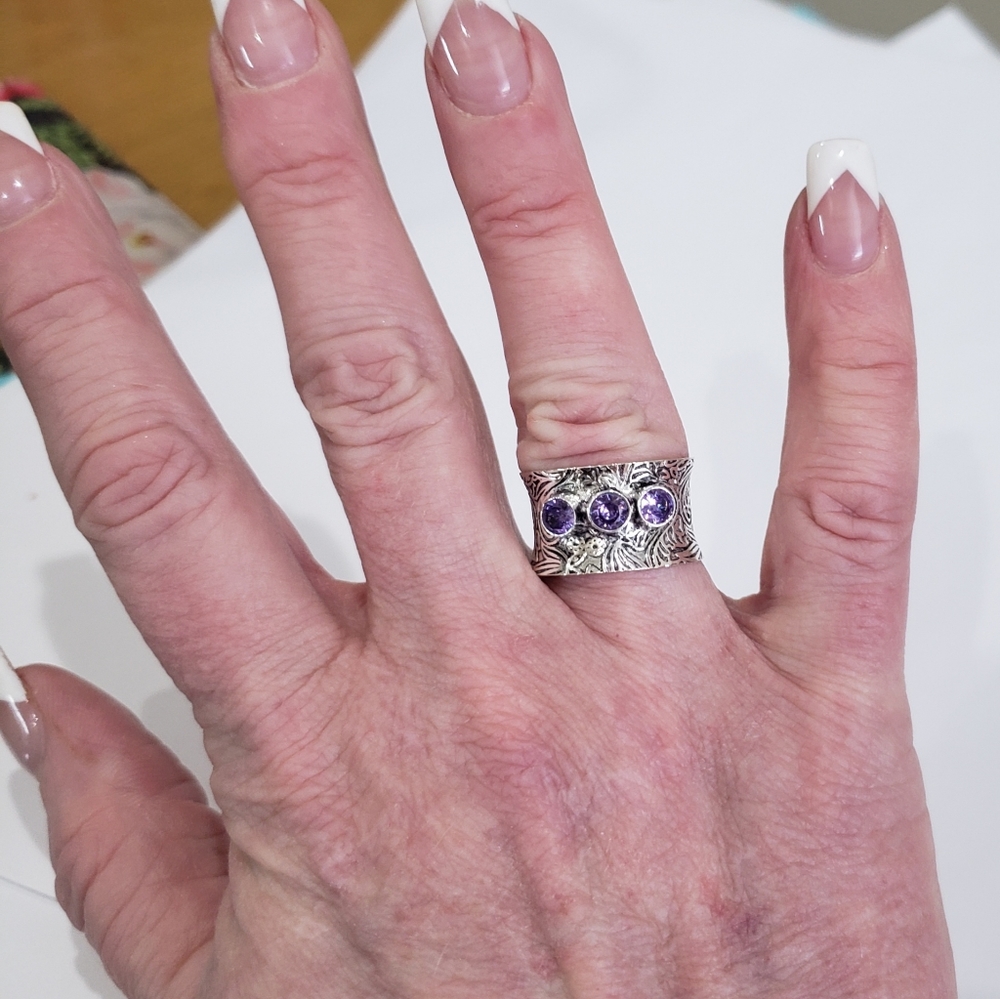 Amethyst ring, 925 silver amethyst ring, silver amethyst wide band ring - Picture 3 of 12